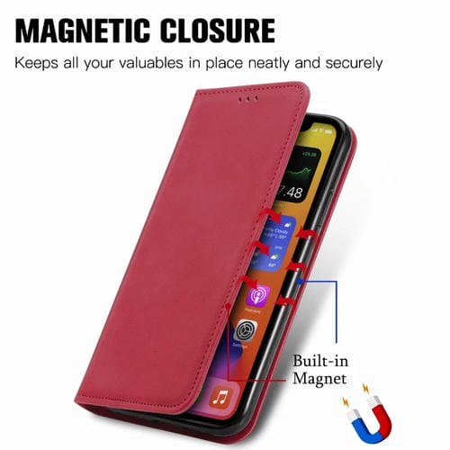 Funda de Cuero para iPhone 12 Mini Retro Skin Feel Business con Tapa Horizontal Magnética Soporte Ranuras Tarjetas Billetera Marco de Fotos (Rojo)