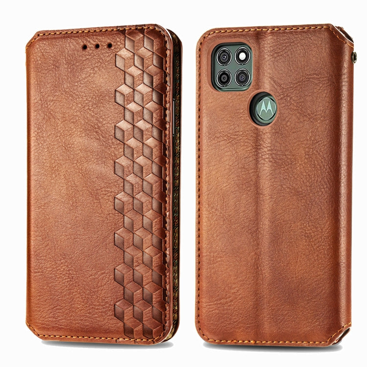Para Motorola G9 power Cubic Grid Estuche de cuero sintético magnético con tapa horizontal presionado con soporte, ranuras para tarjetas y billetera (marrón)