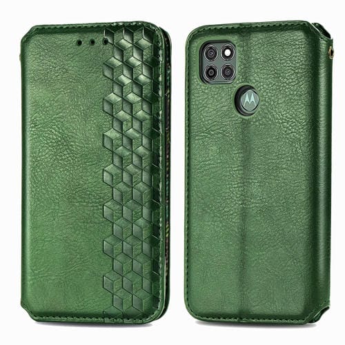 Para Motorola G9 power Cubic Grid Estuche de cuero sintético magnético con tapa horizontal presionado con soporte, ranuras para tarjetas y billetera (verde)