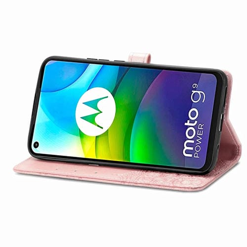 Para Motorola G9 Power Mandala Flower Funda de cuero horizontal en relieve con soporte y tres ranuras para tarjetas y billetera y cordón (oro rosa)