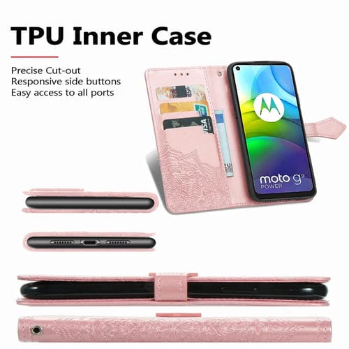 Para Motorola G9 Power Mandala Flower Funda de cuero horizontal en relieve con soporte y tres ranuras para tarjetas y billetera y cordón (oro rosa)