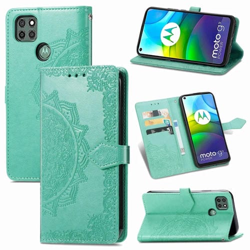 Para Motorola G9 Power Mandala Flower Flower Horizontal Flip Funda de cuero con soporte y tragamonedas de tres tarjetas y billetera y cordón (verde)