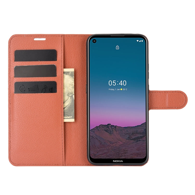 Para Nokia 5.4 Funda protectora con tapa horizontal con textura de litchi con soporte, ranuras para tarjetas y billetera (marrón)