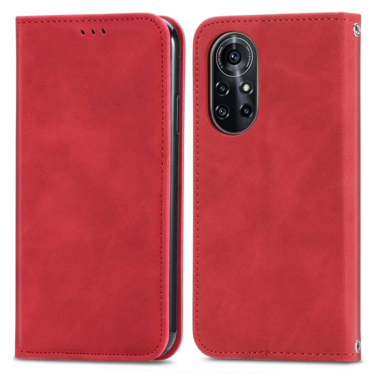 Caja de cuero horizontal de la sensación de piel retro de la piel con el soporte y las tragamonedas y la cartera y el marco de la foto para Huawei NOVA 8 PRO (rojo)