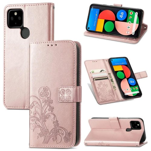 Para Google Pixel 5a Cierre de cuatro hojas con hebilla en relieve Protección de teléfono móvil Funda de cuero con cordón y ranura para la tarjeta y la función de la billetera y el soporte (oro rosa)