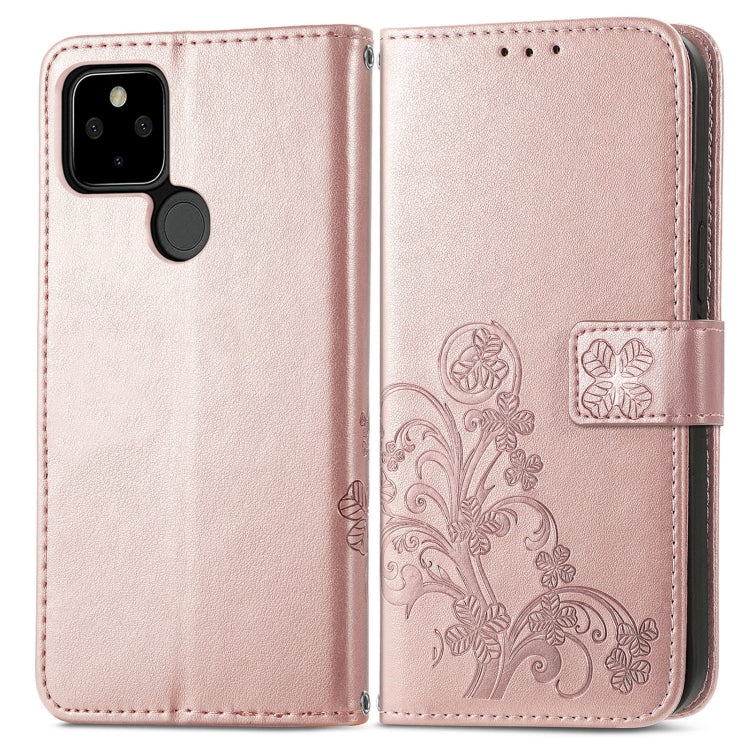 Para Google Pixel 5a Cierre de cuatro hojas con hebilla en relieve Protección de teléfono móvil Funda de cuero con cordón y ranura para la tarjeta y la función de la billetera y el soporte (oro rosa)