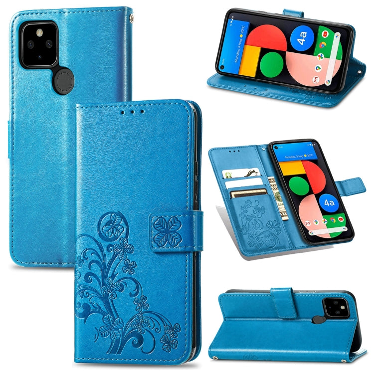 Para Google Pixel 5a Cierre de cuatro hojas con hebilla en relieve Protección de teléfono móvil Funda de cuero con cordón y ranura para la tarjeta y la función de la billetera y el soporte (azul)