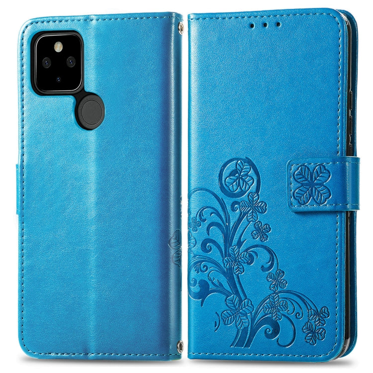 Para Google Pixel 5a Cierre de cuatro hojas con hebilla en relieve Protección de teléfono móvil Funda de cuero con cordón y ranura para la tarjeta y la función de la billetera y el soporte (azul)