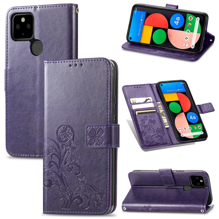 Para Google Pixel 5a Cierre de cuatro hojas con hebilla en relieve Protección de teléfono móvil Funda de cuero con cortante y ranura para la tarjeta y la función de la billetera y el soporte (púrpura)
