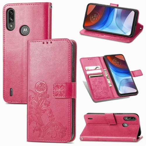 Para Motorola E7 Power Cierre de cuatro hojas con hebilla en relieve PROTECCIÓN DE TELÉFONO MÓVIL Funda de cuero con fachada de cordones y tarjetas y función de billetera y soporte (Rose Rojo)