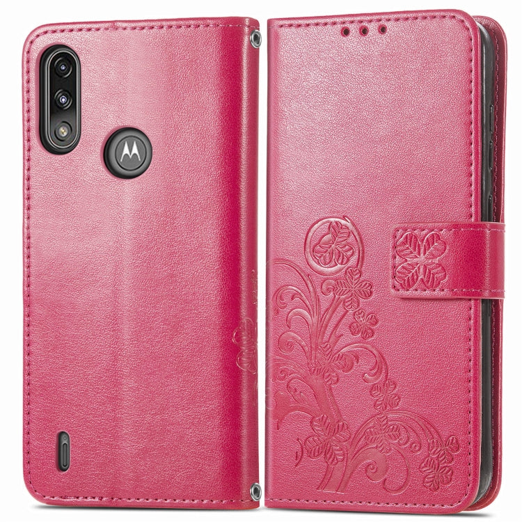 Para Motorola E7 Power Cierre de cuatro hojas con hebilla en relieve PROTECCIÓN DE TELÉFONO MÓVIL Funda de cuero con fachada de cordones y tarjetas y función de billetera y soporte (Rose Rojo)