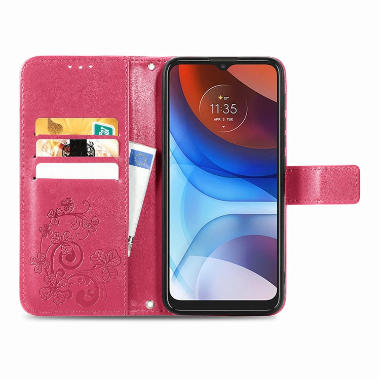 Para Motorola E7 Power Cierre de cuatro hojas con hebilla en relieve PROTECCIÓN DE TELÉFONO MÓVIL Funda de cuero con fachada de cordones y tarjetas y función de billetera y soporte (Rose Rojo)