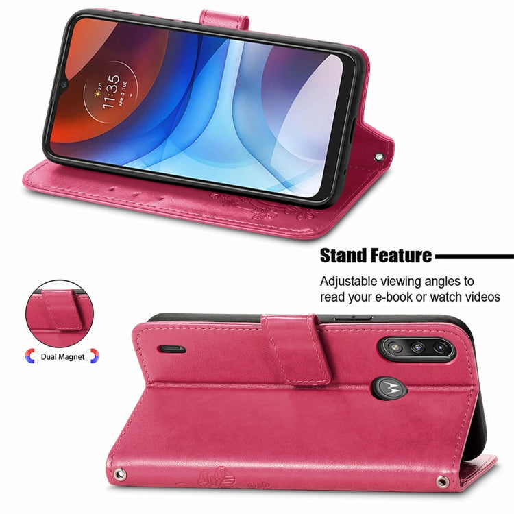 Para Motorola E7 Power Cierre de cuatro hojas con hebilla en relieve PROTECCIÓN DE TELÉFONO MÓVIL Funda de cuero con fachada de cordones y tarjetas y función de billetera y soporte (Rose Rojo)