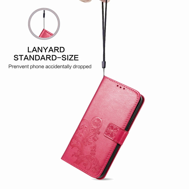 Para Motorola E7 Power Cierre de cuatro hojas con hebilla en relieve PROTECCIÓN DE TELÉFONO MÓVIL Funda de cuero con fachada de cordones y tarjetas y función de billetera y soporte (Rose Rojo)