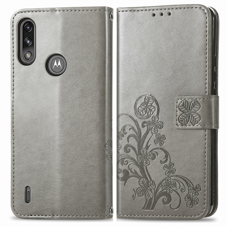Para Motorola E7 Potencia Cierre de cuatro hojas con hebilla en relieve Protección de teléfono móvil Funda de cuero con cordón y ranura para tarjeta y función de soporte y soporte (gris)