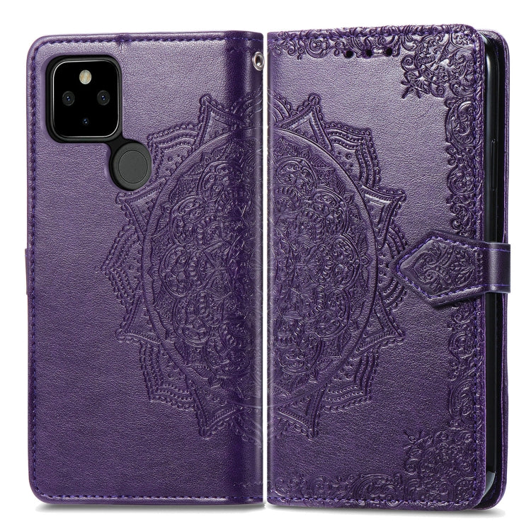 Para Google Pixel 5A Mandala Flower Flow horizontal Flip Funda de cuero con soporte / ranura para tarjeta / billetera / cordón (púrpura)