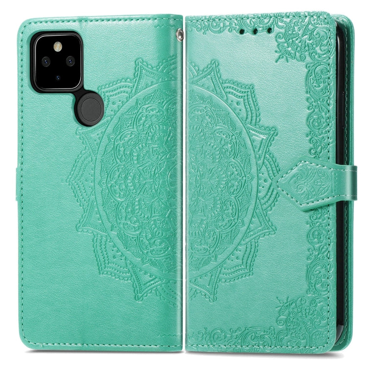 Para Google Pixel 5a Mandala Flower Flowsed Horizontal Funda de cuero con soporte / ranura para tarjeta / billetera / cordón (verde)