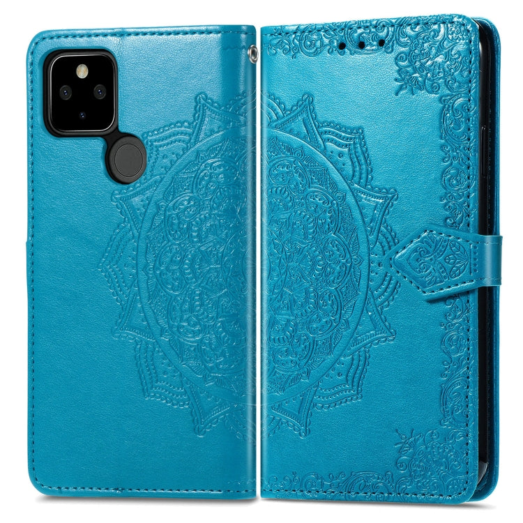 Para Google Pixel 5a Mandala Flower FLIP Horizontal Funda de cuero con soporte / ranura para tarjeta / billetera / cordón (azul)