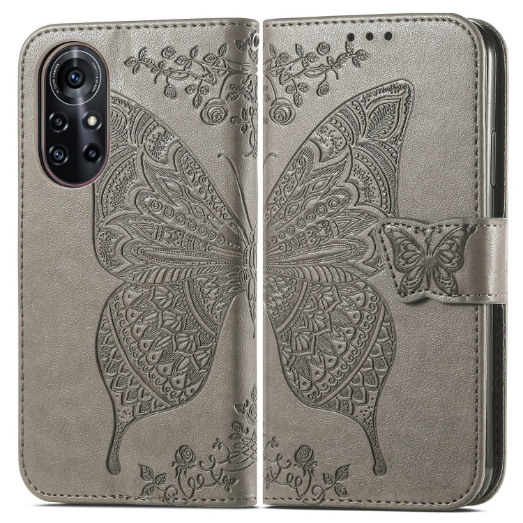 Para Huawei Nova 8 Pro Butterfly Love Flower Horizontal Flip Funda de cuero con Soporte y Tarjeta Slot & Wallet & Lanyard (Gray)