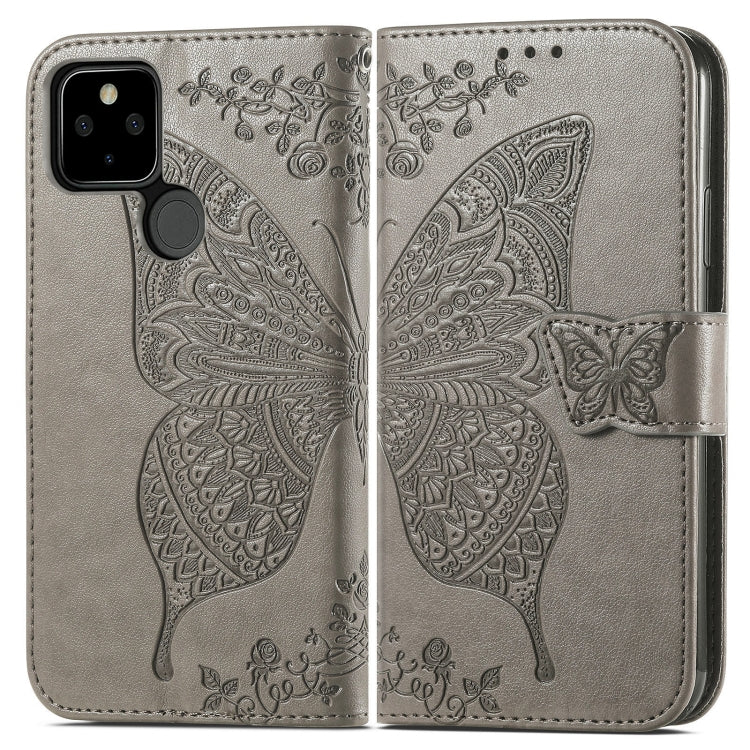 Para Google Pixel 5A Butterfly Love Flower Horizontal Flip Funda de cuero con soporte y ranura para tarjeta y billetera y cordón (gris)