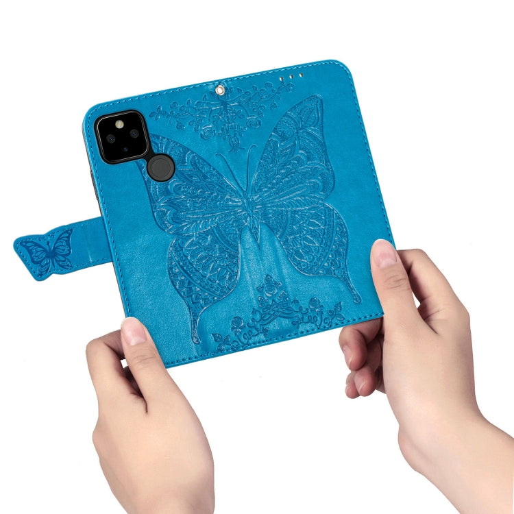 Para Google Pixel 5A Butterfly Love Flower Horizontal Flip Funda de cuero con soporte y ranura para tarjeta y billetera y cordón (azul)