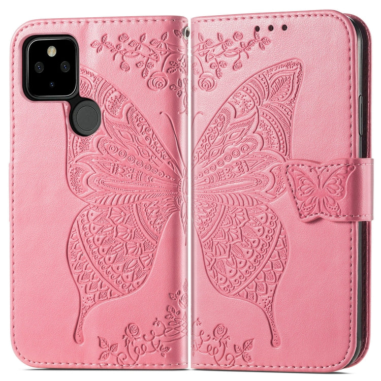 Para Google Pixel 5A Butterfly Love Flowe Horizontal Flip Funda de cuero con soporte y ranura para tarjeta y billetera y cordón (rosa)