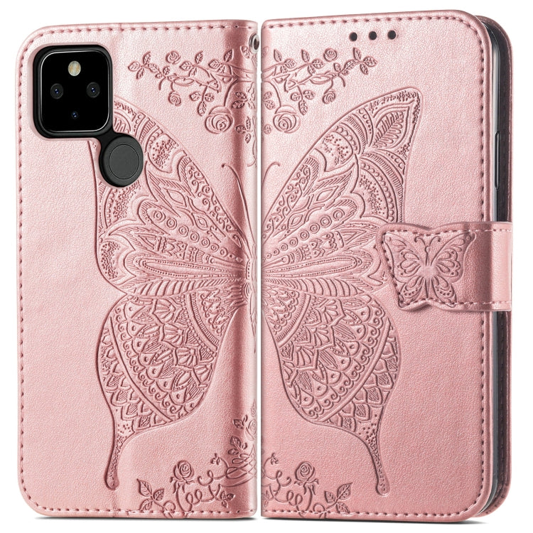 Para Google Pixel 5a, mariposa, amor, estuche de cuero horizontal, funda de cuero con soporte y ranura para tarjeta y billetera y cordón (oro rosa)