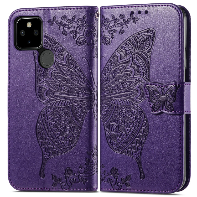 Para Google Pixel 5A Butterfly Love Flowe Horizontal Flip Funda de cuero con Soporte y Tarjeta Slot & Wallet & Lanyard (Dark Purple)