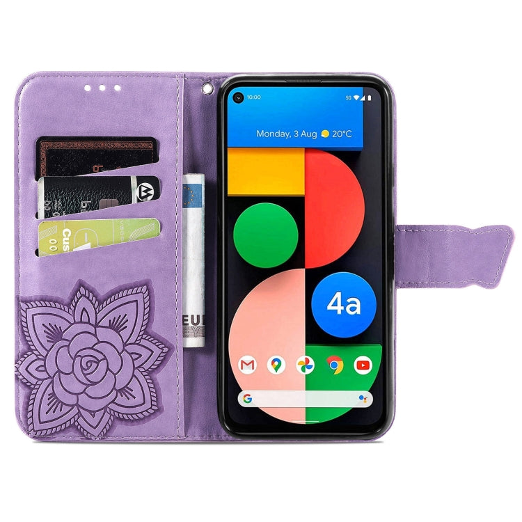 Para Google Pixel 5a, mariposa, amor, estuche de cuero horizontal en relieve, soporte y ranura para tarjeta y billetera y cordón (púrpura claro)
