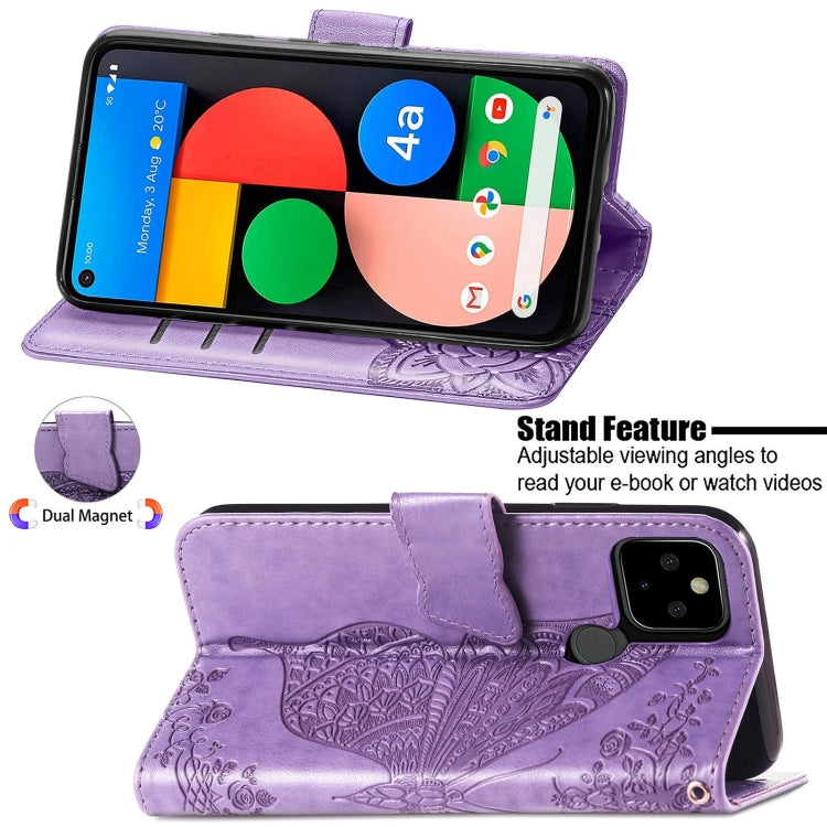 Para Google Pixel 5a, mariposa, amor, estuche de cuero horizontal en relieve, soporte y ranura para tarjeta y billetera y cordón (púrpura claro)