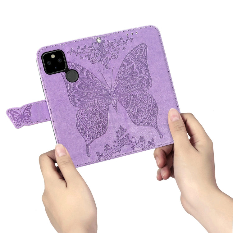 Para Google Pixel 5a, mariposa, amor, estuche de cuero horizontal en relieve, soporte y ranura para tarjeta y billetera y cordón (púrpura claro)
