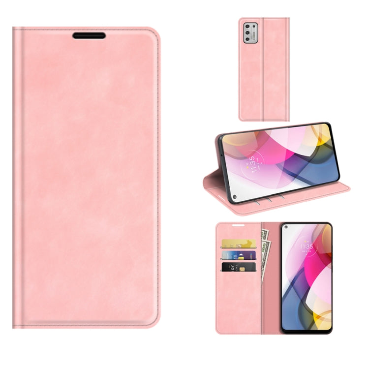 Para Motorola Moto G Stylus 2021 Caja de cuero de succión magnética de la succión magnética del negocio con soporte y tragamonedas y billetera (rosa)