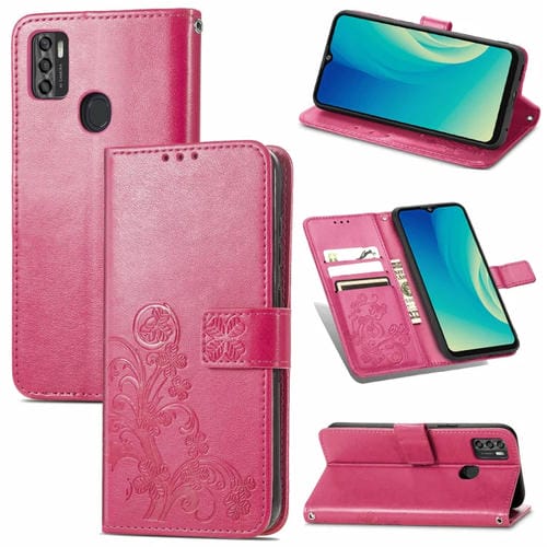 Para ZTE A7S 2020 Cierre de cuatro hojas con hebilla en relieve Protección de teléfono móvil Funda de cuero con cordillero y ranura para la tarjeta y la función de la cartera y el soporte (Rose Rojo)