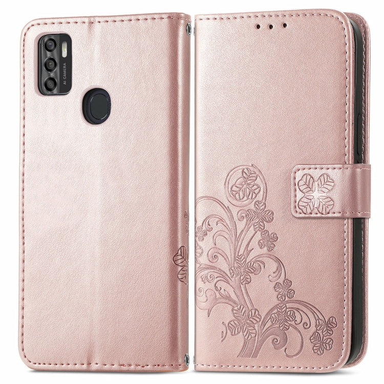 Para ZTE A7S 2020 Cierre de cuatro hojas con hebilla en relieve Protección de teléfono móvil Funda de cuero con cortante y ranura de tarjeta y función de soporte y soporte (oro rosa)