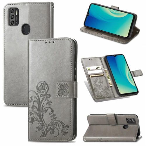 Para ZTE A7S 2020 Cierre de cuatro hojas con hebilla en relieve Protección de teléfono móvil Funda de cuero con cordón y tarjetas Slot & Wallet y función de soporte (gris)