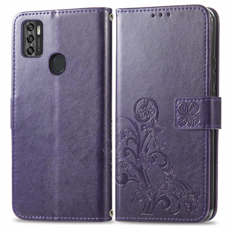 Para ZTE A7S 2020 Cierre de cuatro hojas con hebilla en relieve Protección de teléfono móvil Funda de cuero con cordillero y ranura para la tarjeta y la función de la billetera y el soporte (púrpura)