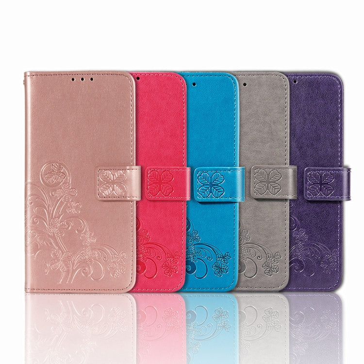 Para ZTE A7S 2020 Cierre de cuatro hojas con hebilla en relieve Protección de teléfono móvil Funda de cuero con cordillero y ranura para la tarjeta y la función de la billetera y el soporte (púrpura)