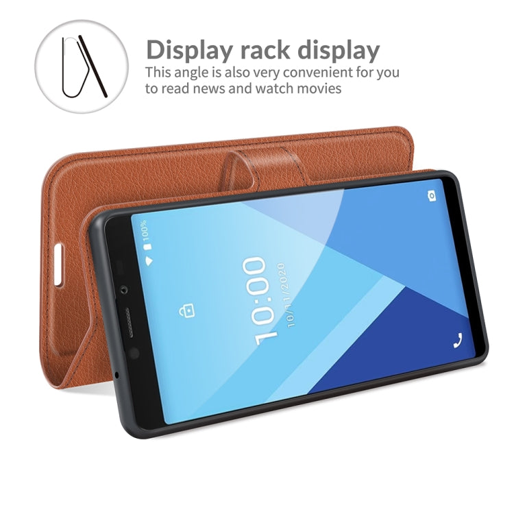 Para Wiko Y51 Litchi Texture Horizontal Flip Funda protectora con soporte y ranuras para tarjetas y billetera (marrón)