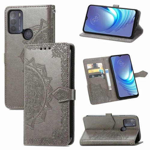 Para Motorola Moto G50 Mandala Patrón de estampado de estampado de estampado horizontal Funda de cuero con soporte y ranuras para tarjetas y billetera y cordón (gris)