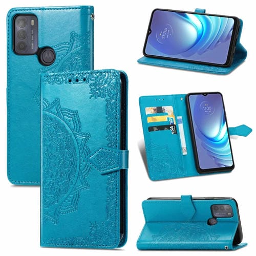 Para Motorola Moto G50 Mandala patrón de estampado de estampado horizontal Funda de cuero con soporte y tragamonedas y billetera y cordón (azul)