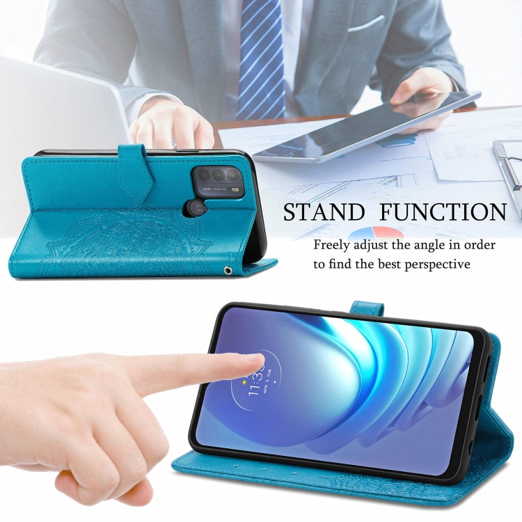 Para Motorola Moto G50 Mandala patrón de estampado de estampado horizontal Funda de cuero con soporte y tragamonedas y billetera y cordón (azul)