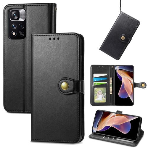 Para Xiaomi Redmi Note 11 PRO / 11 PRO + Caja de cuero de cuero de hebilla de color sólido retro (negro)