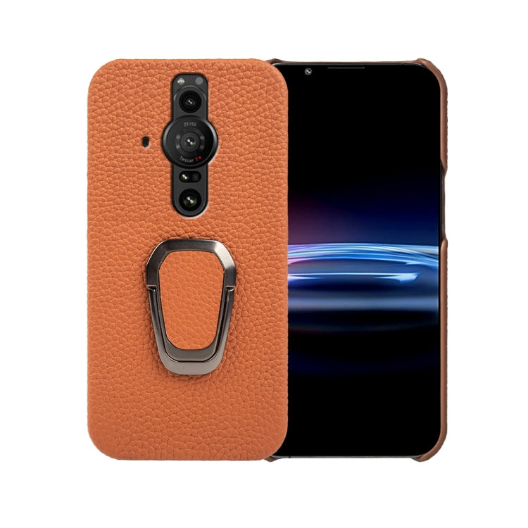 Para Sony Xperia Pro-l Ring Holder Litchi Texture Funda de teléfono de cuero genuino (Marrón)