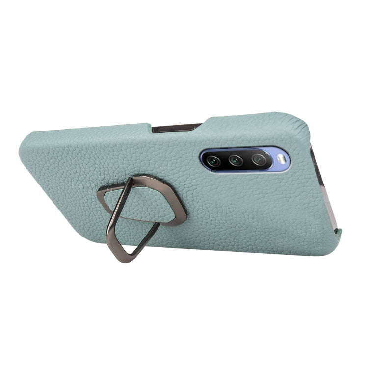 Para Sony Xperia 10 lll Ring Holder Litchi Texture Funda de teléfono de cuero genuino (cian)