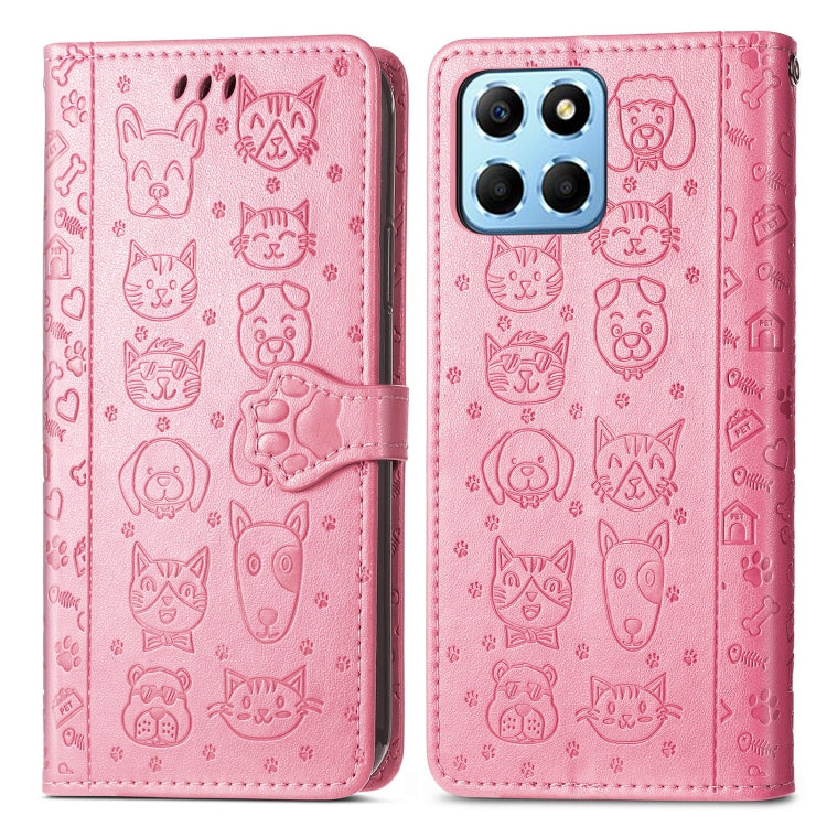 Estuche de Cuero en Relieve para Honor X8 5G Cute Cat And Dog (Rosa)