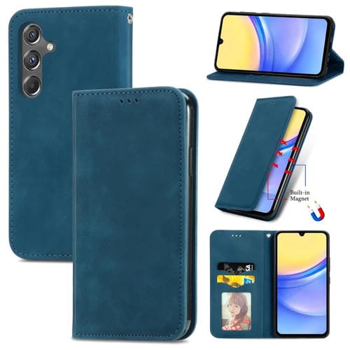 Funda de teléfono Samsung Galaxy A15 Cuero Magnético Sensación de Piel Retro (Azul)