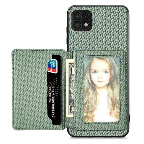 Para Samsung Galaxy A22 5G Fibra de Carbono Tarjeta Magnética Monedero Bolsa Teléfono (Verde)