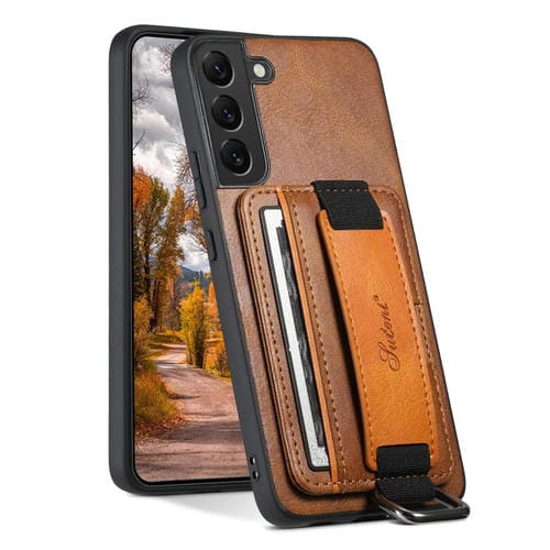 Para Samsung Galaxy S22 5G Suteni H13 Card Wallet Wrist Strap Holder PU Phone Case (Marrón)