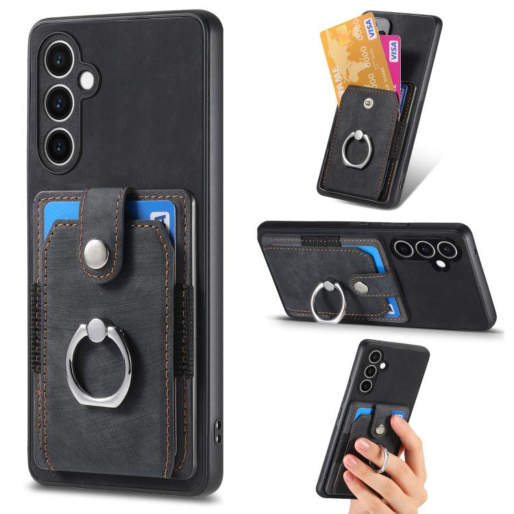 Funda tipo cartera con anillo y tarjetero para Samsung Galaxy S24 FE 5G, estilo retro, color negro