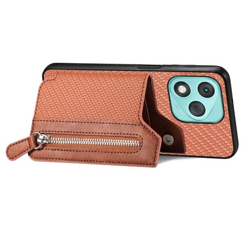 Funda de teléfono con tapa horizontal y cremallera de fibra de carbono para Honor 400 Lite (marrón)
